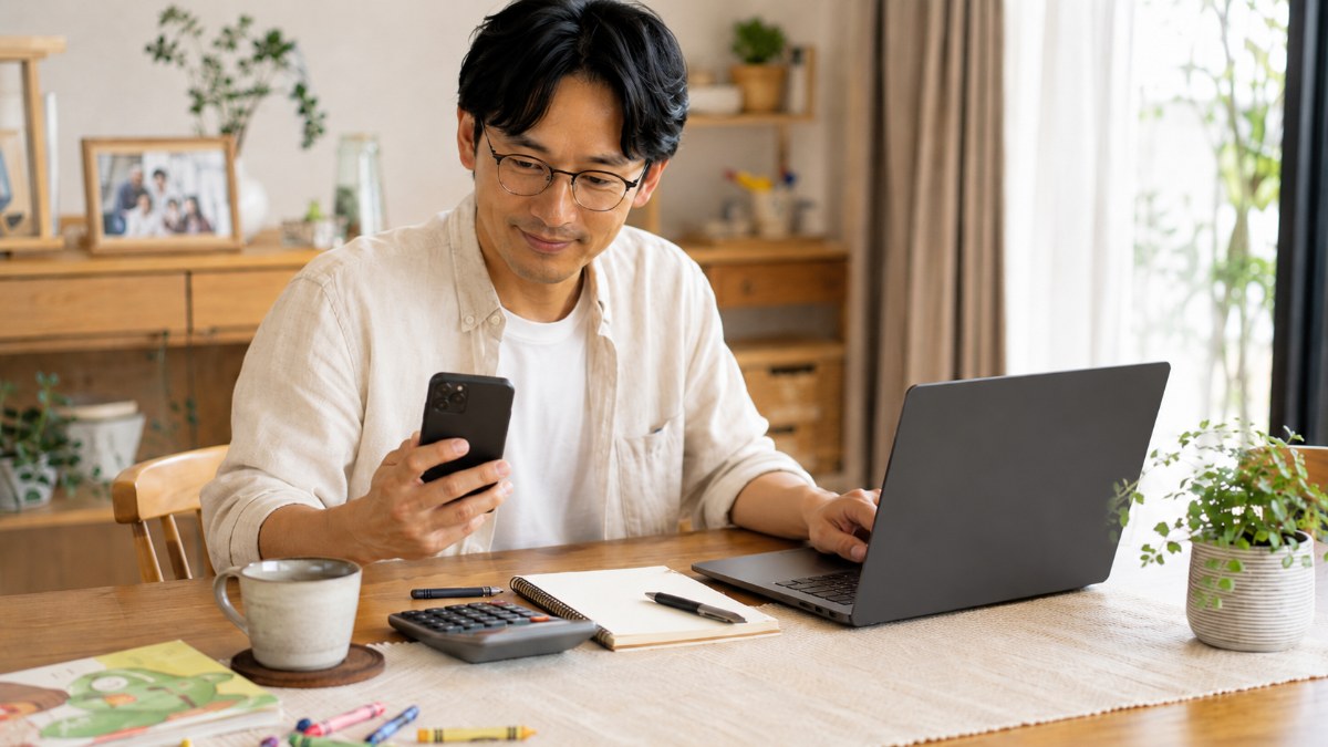 ダイニングテーブルでスマホとPCを見比べながら家計を整理するパパ。画面は本人を向いている自然な構図