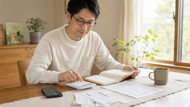 ダイニングで家計簿ノートと電卓・電気の請求書・レシートを広げて家計を見直すパパ。三大変動費見直しのイメージ