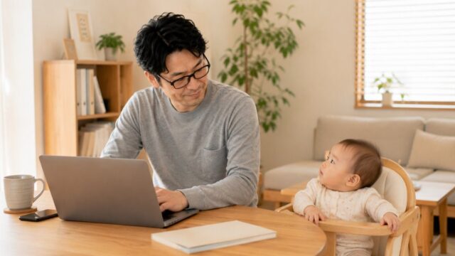 自宅の作業机で赤ちゃんを見ながら働くフリーランスのパパ
