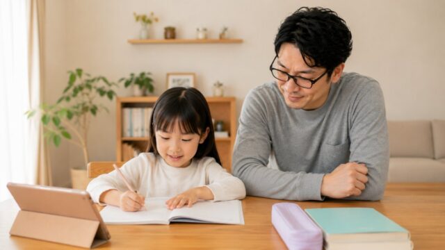 ダイニングで通信教育の教材に取り組む子どもと見守るパパ