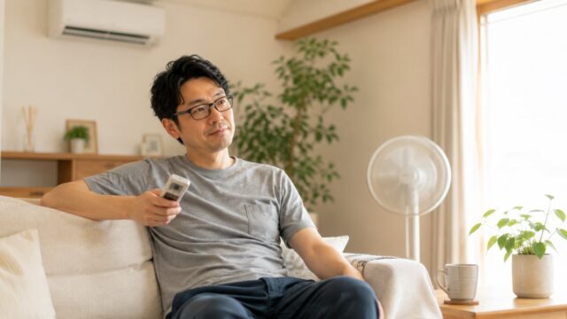 エアコンのリモコンを手に夏の電気代を考える子育てパパ