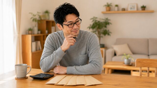 夏のボーナスの配分を電卓と封筒で考える子育てパパ