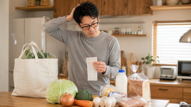 買い物した食材とレシートを手に食費の値上がりを確かめる子育てパパ