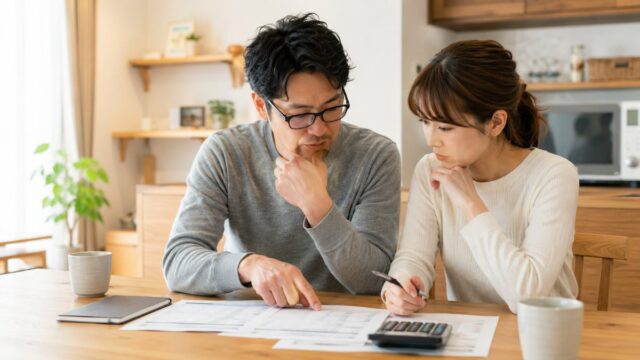 パート厚生年金の加入について年金の書類と電卓を前に話し合う夫婦