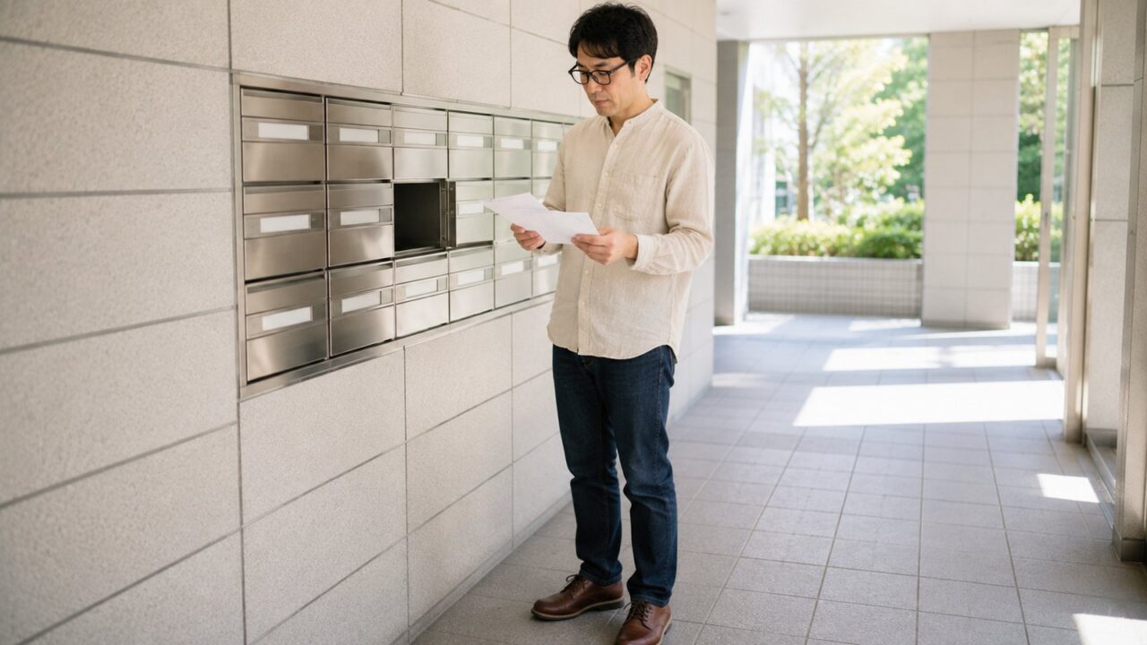集合ポストの前で届いた封筒を確認する眼鏡の父親・通知を確認するイメージ