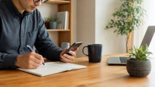 自宅の書斎でスマホと手元のノートを見比べ、投資信託の移し替えを検討するイメージ