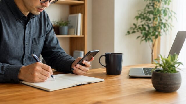 自宅の書斎でスマホと手元のノートを見比べ、投資信託の移し替えを検討するイメージ