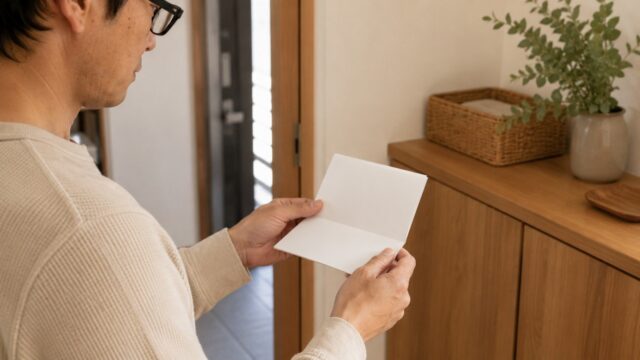 玄関の棚の前で通帳を開いて確認する眼鏡の日本人男性