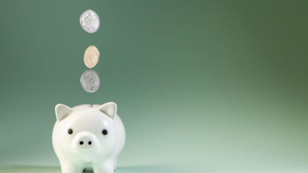 白い豚の貯金箱にコインが落ちていく様子
