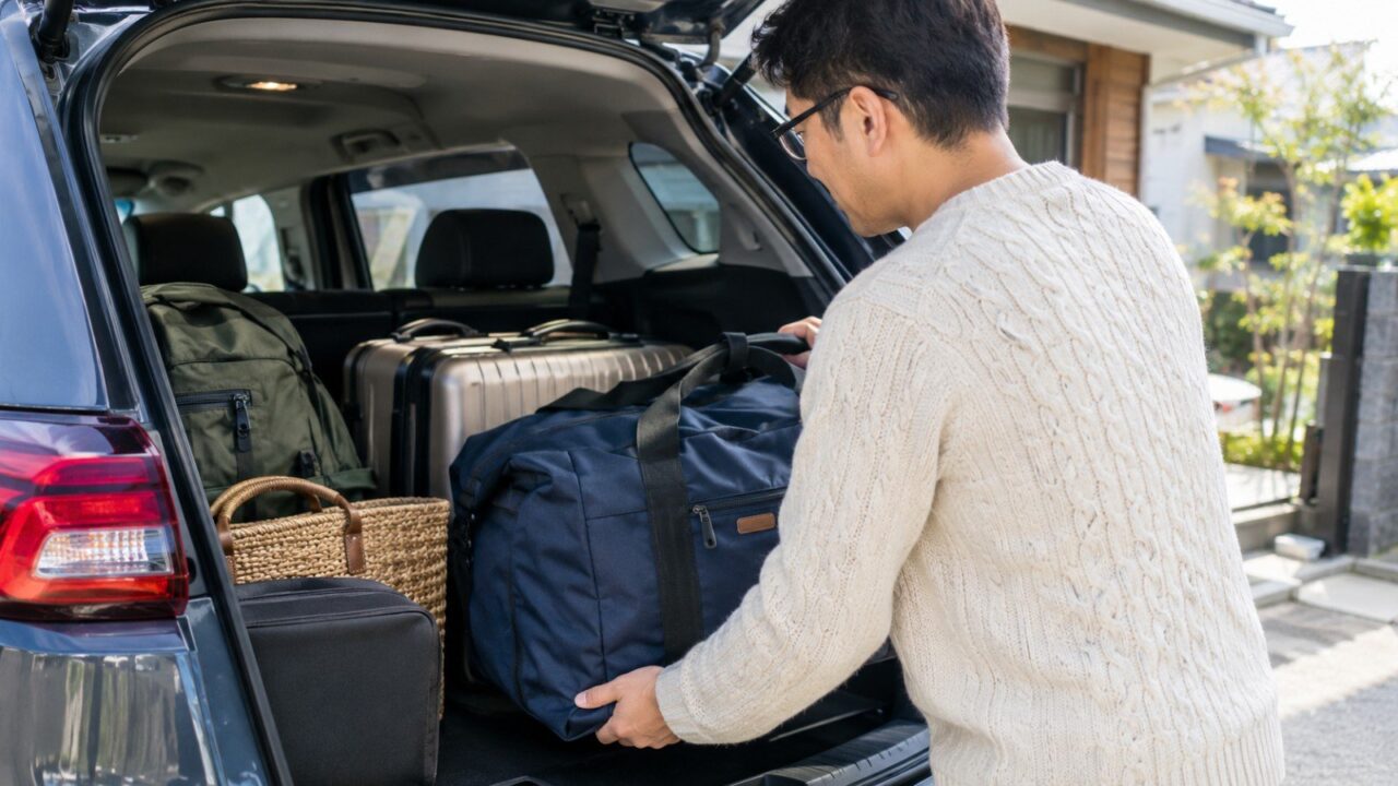 アイボリーのニットを着た眼鏡の父親が車のトランクに旅行バッグを積み込んでいる