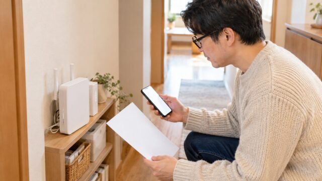 ルーターの前で回線の契約を確かめる眼鏡のパパ