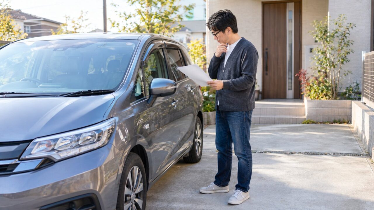 自宅の駐車場で自動車保険の書類を確かめる眼鏡のパパ