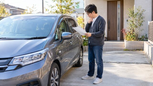 自宅の駐車場で自動車保険の書類を確かめる眼鏡のパパ