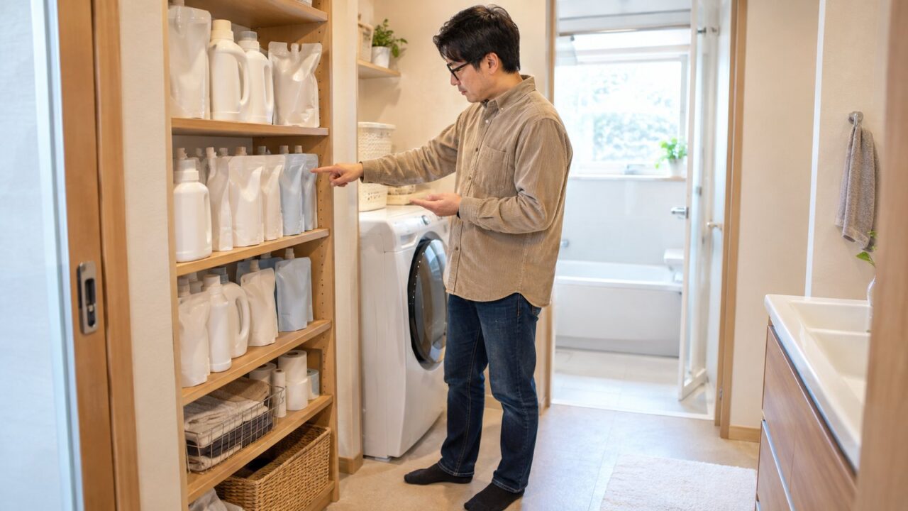洗面所の棚で日用品のストックを数える眼鏡のパパ