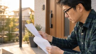 銀行から届いた返済の書類を玄関先で確かめる眼鏡のパパ