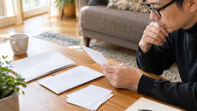 生命保険料の控除証明書を見比べる眼鏡のパパ