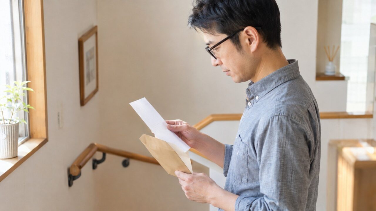 眼鏡をかけた男性が封筒から出した無地の紙を読む・年末調整の還付を確認するイメージ