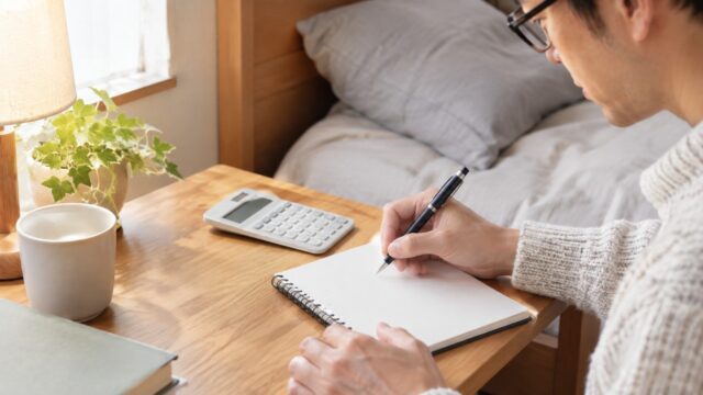 眼鏡をかけた男性が無地のノートに数字を書き出す・ふるさと納税の寄付上限を試算するイメージ