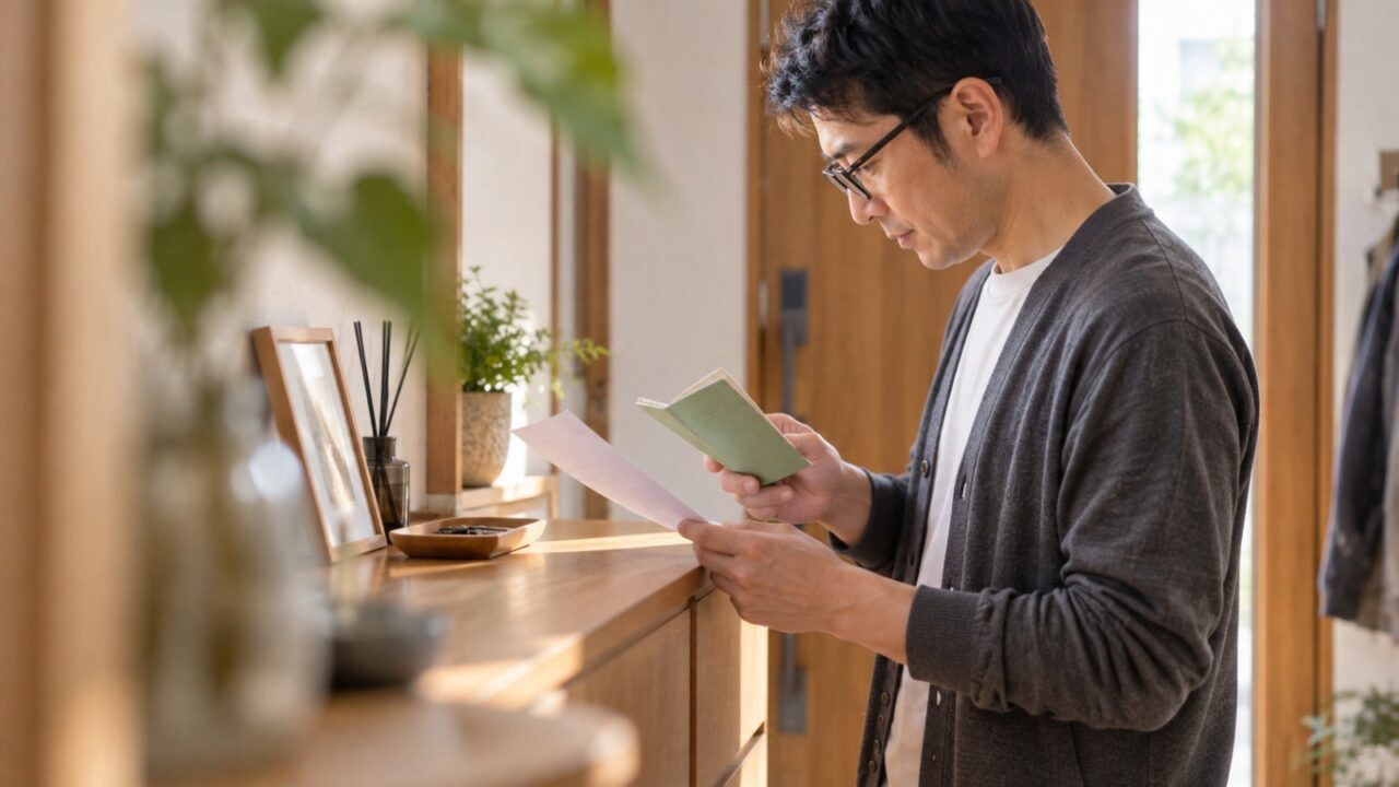眼鏡をかけた男性が無地の通帳と紙を見比べる・利上げで住宅ローンと預金の利息を確認するイメージ