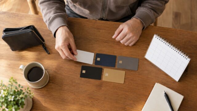 ダイニングテーブルに無地のクレジットカードを並べ、卓上カレンダーと見比べている手元