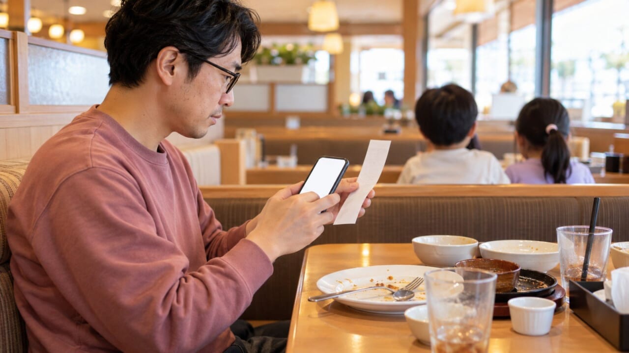 ファミレスで外食後にレシートを見てスマホに記録する眼鏡のパパ