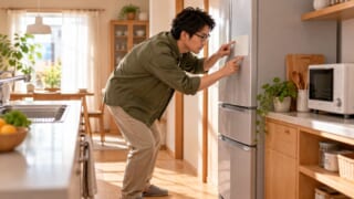 キッチンで冷蔵庫の側面の無地のシールをのぞき込む眼鏡のパパ・家電の買い替え費用を積み立てるイメージ