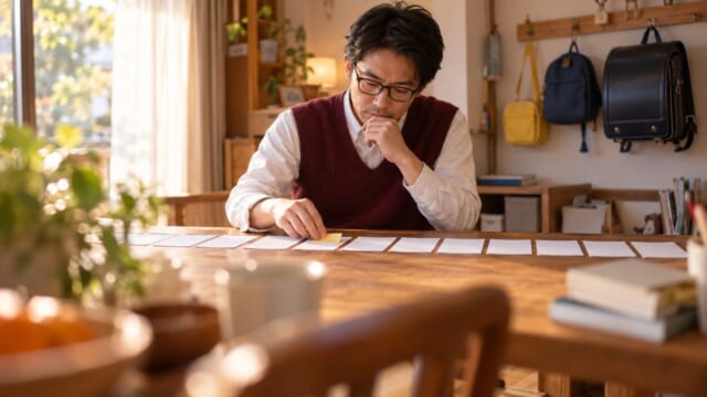 ダイニングで無地の紙を12枚並べ、1枚に付箋を貼る眼鏡のパパ・手取りのいちばん少ない月で予算を決めるイメージ
