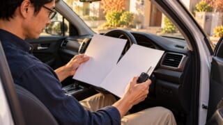 停車中の運転席で車の鍵と無地の書類2枚を見比べる眼鏡のパパ・車の維持費を月割りにするイメージ