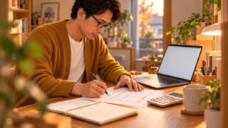 小さな作業机でノートパソコンの横に家計簿と電卓を広げ、間取り図に線を書き込む眼鏡のパパ・副業の家事按分のイメージ